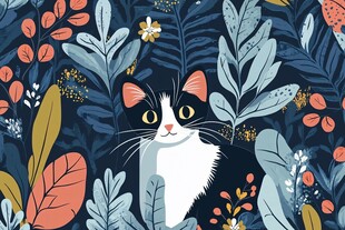 猫咪置身繁茂植物间