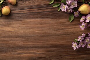 木质桌面的水果与花卉