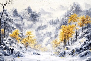 雪覆山林间的金黄秋色