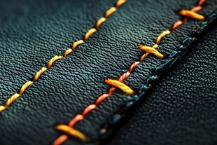 黑色皮革上的多彩缝线