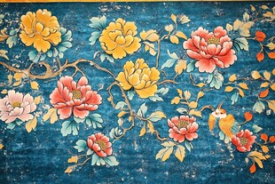 古典花卉飞鸟壁画图案