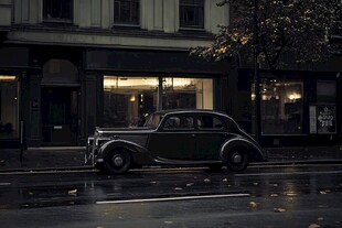 雨夜街边的复古老式汽车