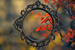 复古镜框中的秋日红叶