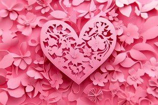 粉色爱心剪纸与繁花背景