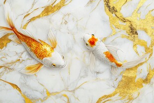 金白锦鲤游弋于大理石面