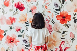 背对繁花的小女孩