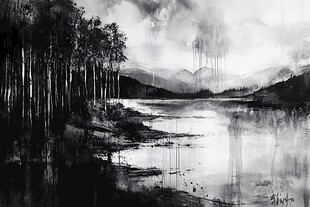 水墨风湖畔树林静谧景致