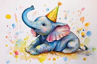 戴帽小象的欢乐水彩世界