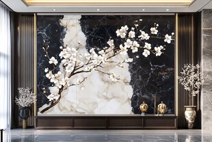 中式客厅 水墨梅花大理石背景墙