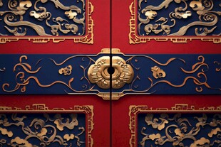 中式红门鎏金铜环古韵浓
