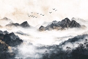 水墨山水间飞鸟翱翔之景