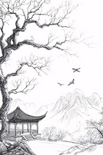 水墨古亭老树飞鸟山水图