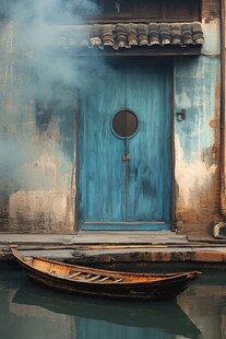 古宅蓝门旁的水上小船