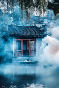 江南水乡云雾中的古宅