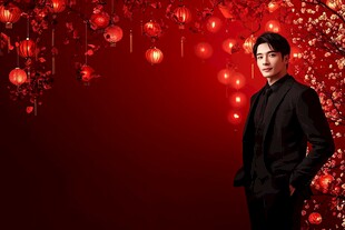 男士置身喜庆红火场景中