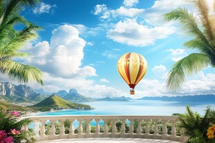 浪漫海景与空中热气球