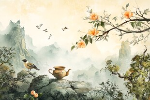 山水间的诗意茶境与飞鸟