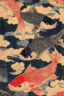 锦鲤游云间日式传统图案