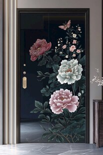 中式牡丹花卉入户门装饰画