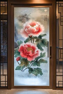 中式牡丹艺术玻璃门装饰