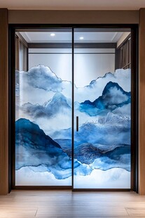 中式水墨山水玻璃移门