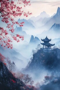 水墨山间亭 花绽云雾间