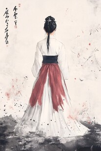 白衣红裳古风女子背影