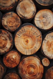 整齐堆叠的多彩木材切面