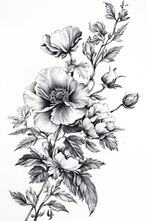 黑白花卉手绘插画
