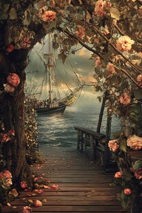 花径尽头的奇幻海上帆船