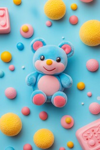 可爱蓝熊置身多彩小物中