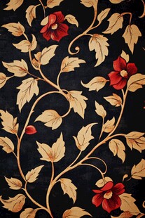 黑底金红花卉植物图案