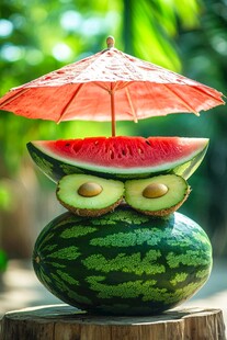 创意西瓜猫头鹰造型水果摆拍