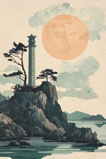 海边灯塔映落日美景