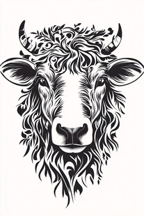 黑白牦牛头装饰艺术插画