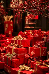 喜庆红礼盒装点节日氛围
