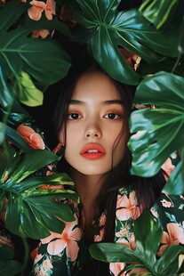 被绿植环绕的花漾少女