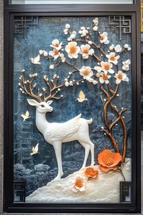 鹿栖梅枝间的中式雅景