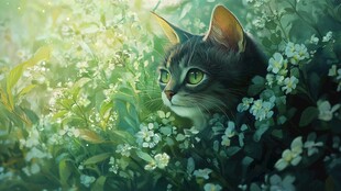 草丛中的绿眼猫咪