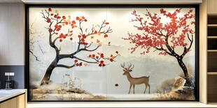 中式梅花鹿壁画背景墙