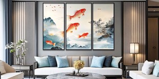 客厅中式三联锦鲤装饰画