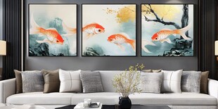 中式客厅三联锦鲤装饰画
