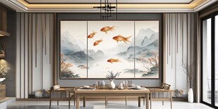 中式客厅 山水金鱼装饰画