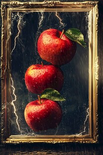 画框中的三颗红苹果