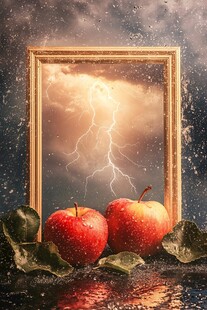 画框前双苹果遇雷电雨景