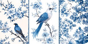 蓝白花鸟图纹精美装饰画