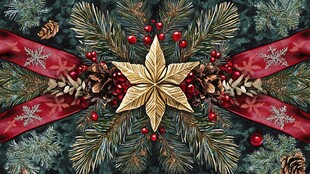 圣诞松枝红带金色星装饰