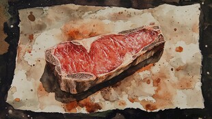 水彩绘牛排诱人画面