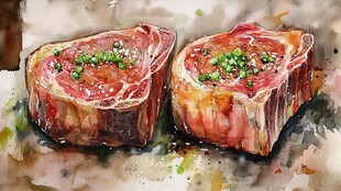 水彩绘鲜嫩多汁两块牛排