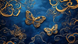 蓝底金纹蝴蝶中式风图案